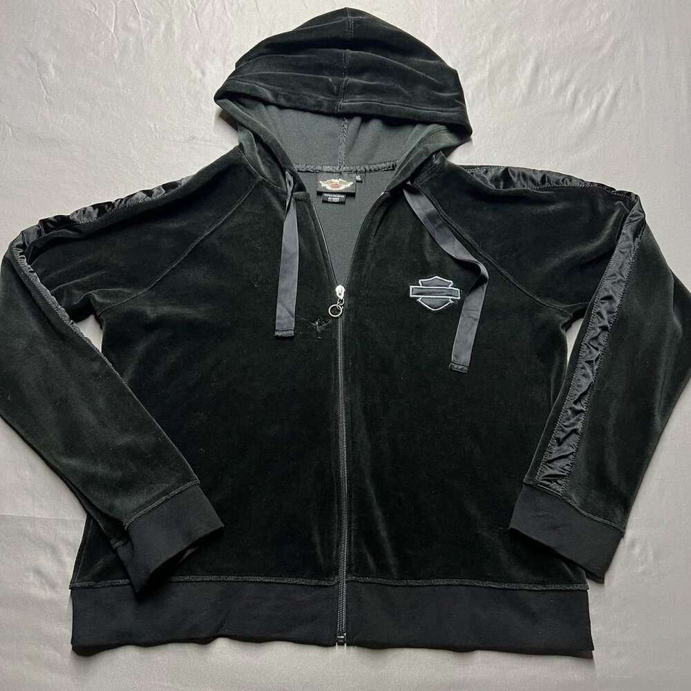 Harley-Davidson Velour Full Zip Hoodie Size XL Black Y2K style grunge Has Hole